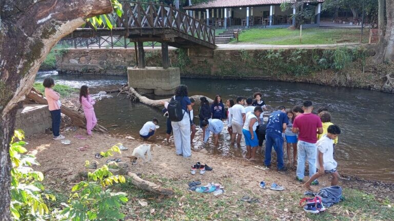 Grupo de crianças e adultos às margens de um rio, próximo a uma ponte de madeira. Algumas crianças estão dentro da água, enquanto outras observam da margem. Há árvores, folhas no chão, calçados e objetos pessoais espalhados próximos à areia. Ao fundo, aparece uma construção cercada por área verde.