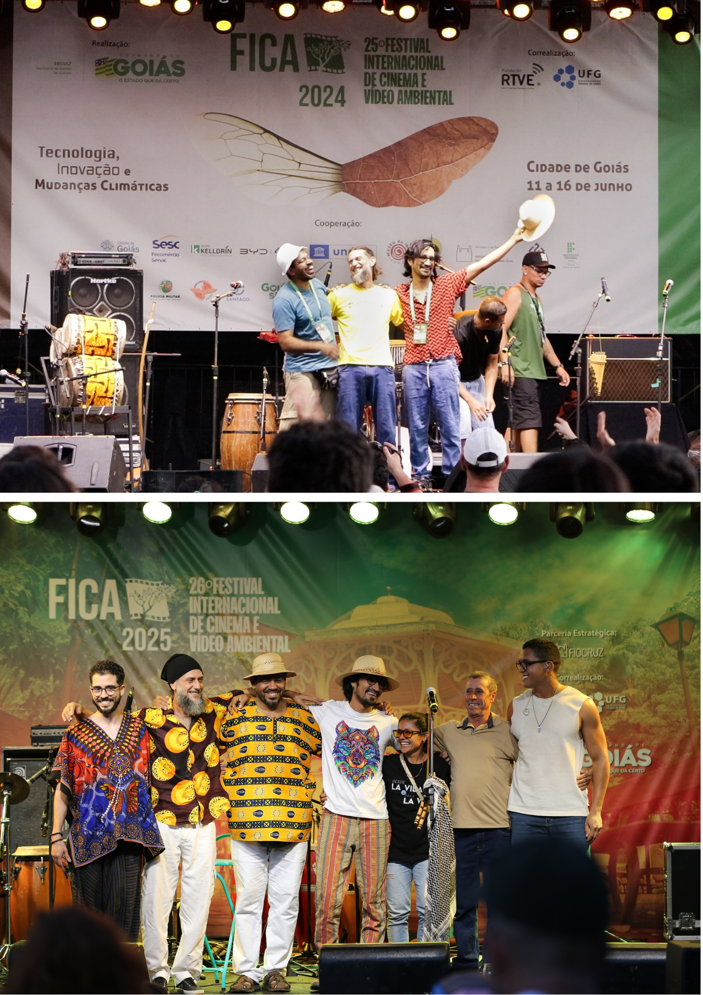 Montagem com duas fotografias de apresentações musicais em palco durante o FICA. Na imagem superior, um grupo de músicos aparece no palco do FICA 2024, com instrumentos ao redor e um dos integrantes levantando um chapéu para o público. Na imagem inferior, músicos posam abraçados no palco do FICA 2025, sob iluminação verde, com microfones e instrumentos ao fundo. As cenas registram momentos de celebração, apresentação artística e interação com o público em festival cultural.