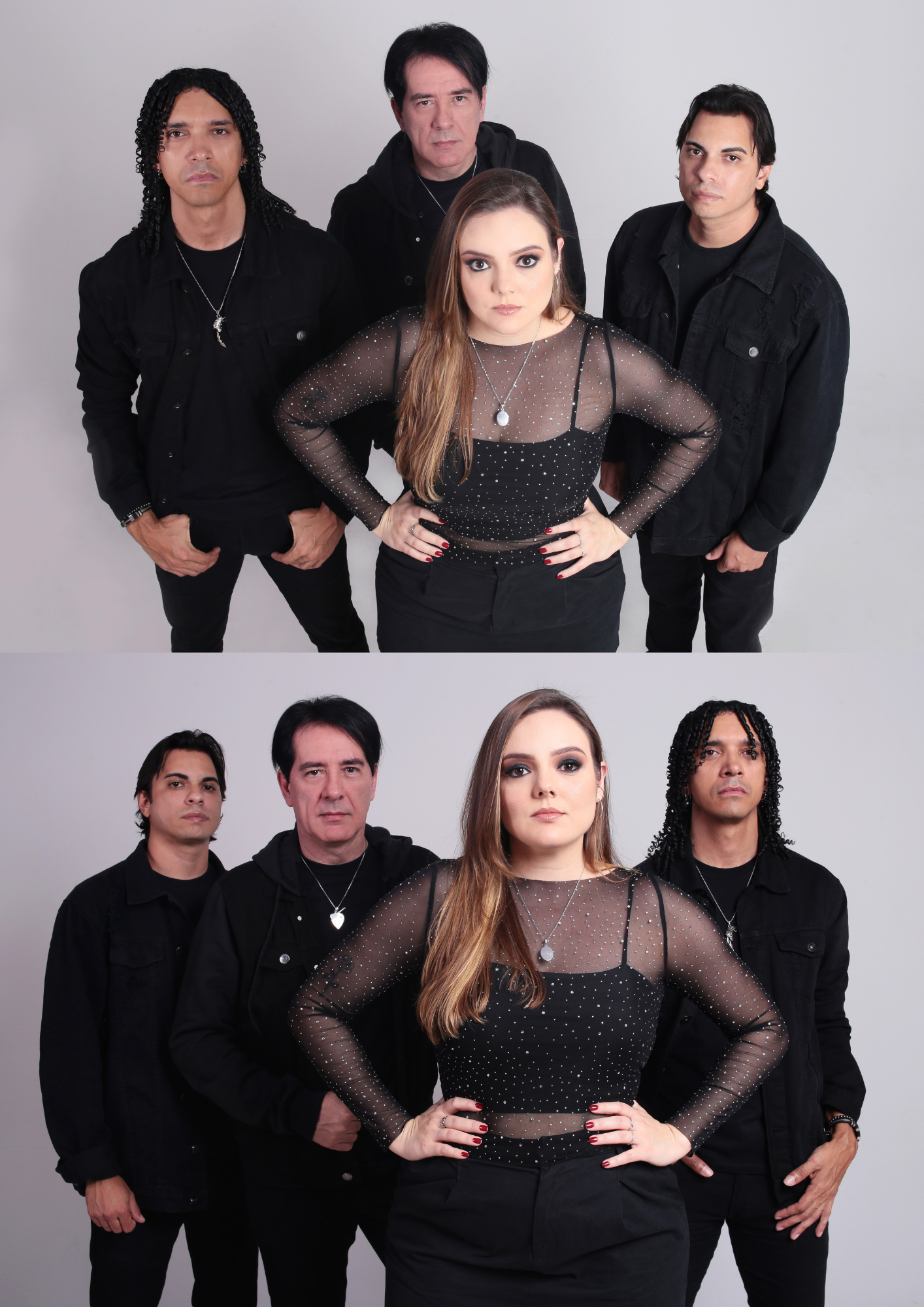 Montagem com duas fotografias de quatro pessoas posando em estúdio, diante de um fundo claro. O grupo veste roupas pretas. Nas duas imagens, uma mulher aparece em destaque à frente, com as mãos na cintura, usando blusa preta com transparência e detalhes brilhantes. Ao redor dela estão três homens, também vestidos de preto, posicionados atrás e nas laterais.