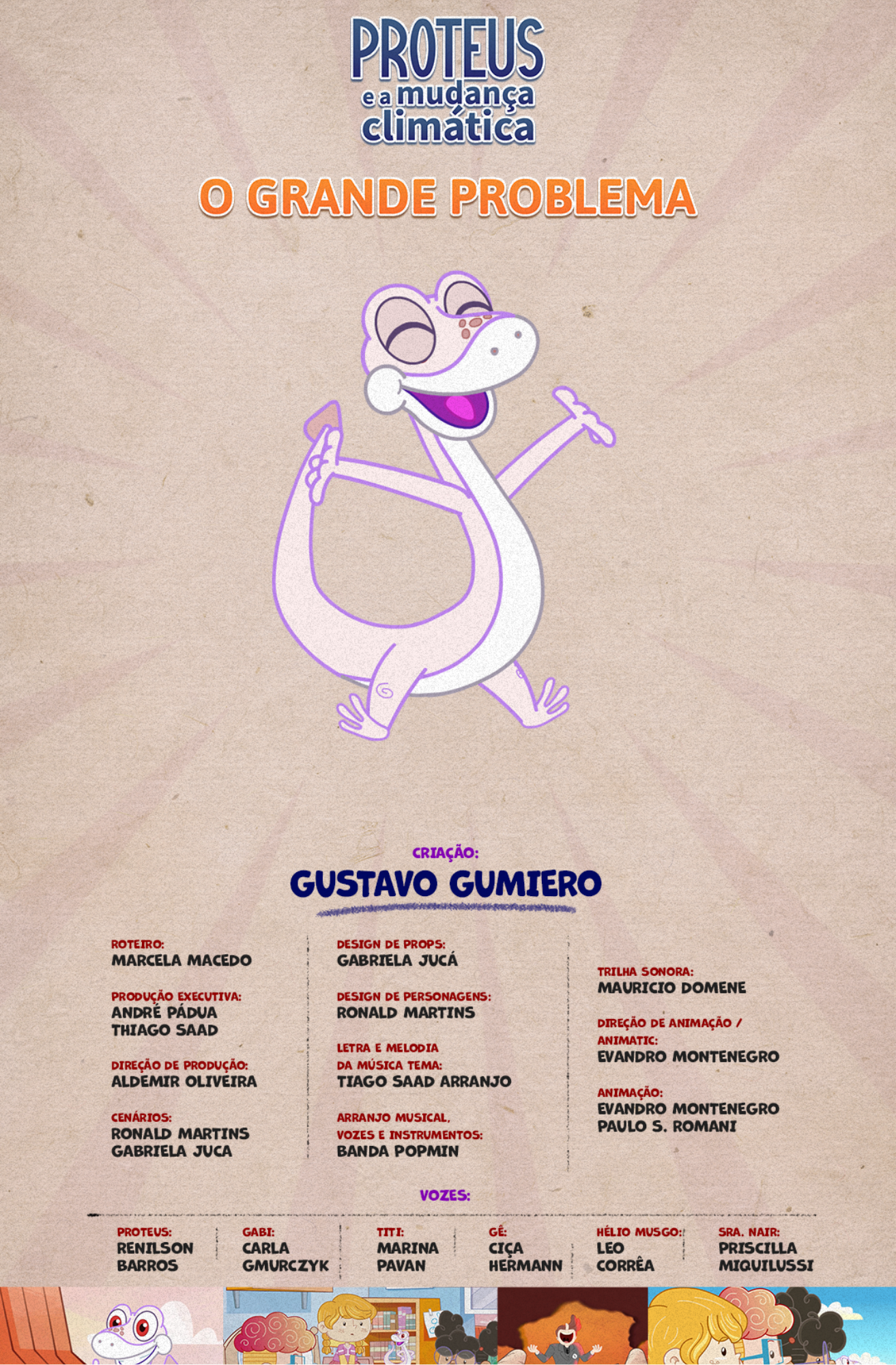 Cartaz da animação “Proteus e a Mudança Climática: O Grande Problema”. A imagem tem fundo claro com textura de papel e mostra, ao centro, um personagem animado de aparência sorridente, contornado em tons de roxo. Na parte superior aparecem o título da obra e o subtítulo “O Grande Problema”. Na parte inferior, há créditos de criação, roteiro, produção, animação, trilha sonora, vozes e outras funções técnicas, além de pequenas imagens da animação no rodapé.