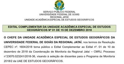Informações complementares edital monitoria Informações complementares edital monitoria