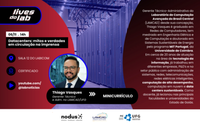 Imagem mostra detalhes de live com Thiago Vasques, gerente técnico administrativo do LAMCAD/UFG