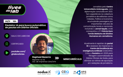 Imagem mostra informaç~eos de live com Raphael Bezerra do CEIA UFG 