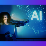 Imagem mostra mulher com computador apontando texto "AI"