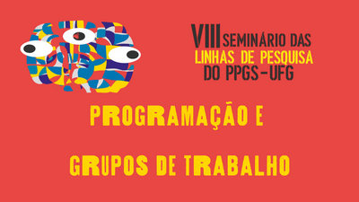 imagem com fundo vermelho, arte abstrata, escrito em amarelo "programação e grupos de trabalho"