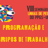 imagem com fundo vermelho, arte abstrata, escrito em amarelo "programação e grupos de trabalho"