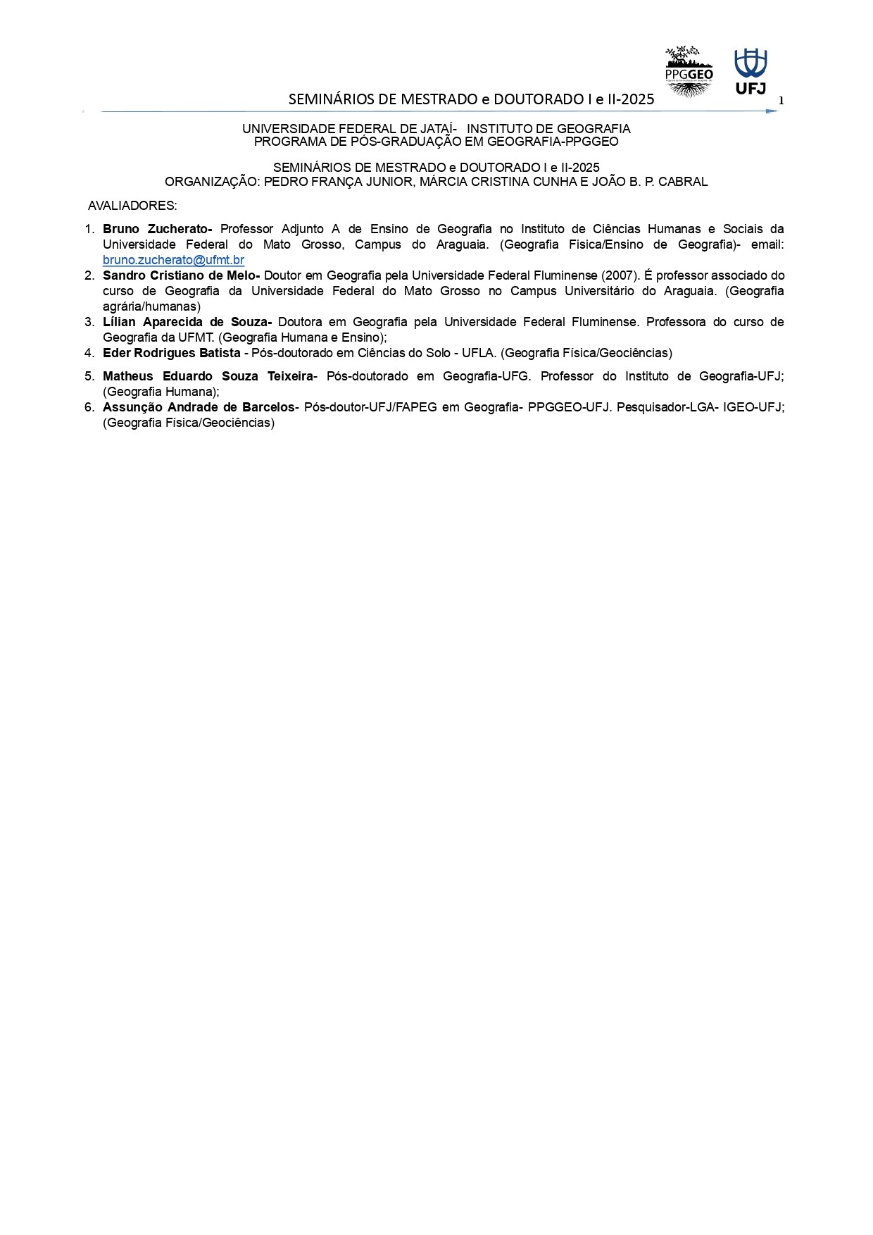 Cronograma do seminário 2025 - 1