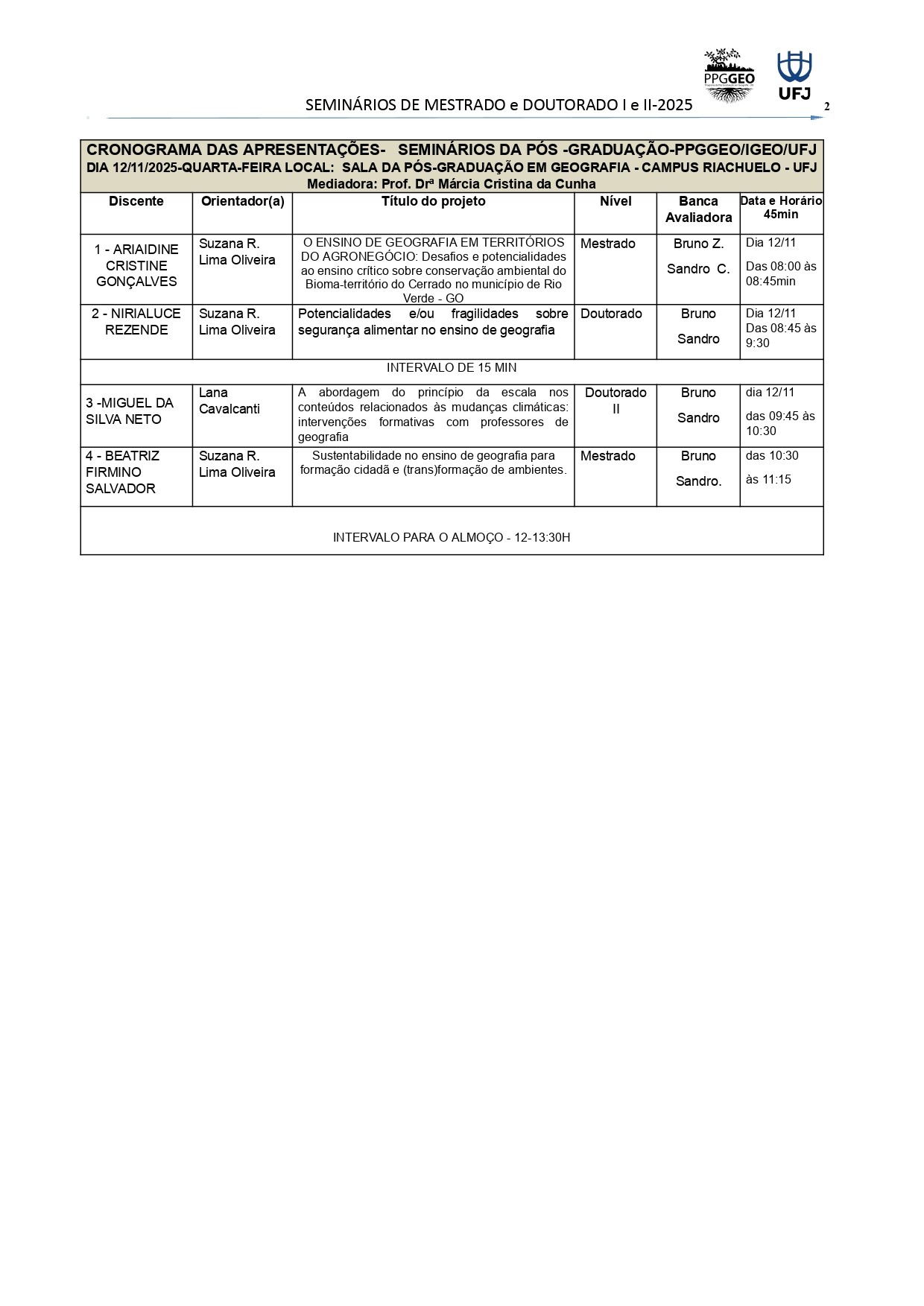 Cronograma do seminário 2025 - 2