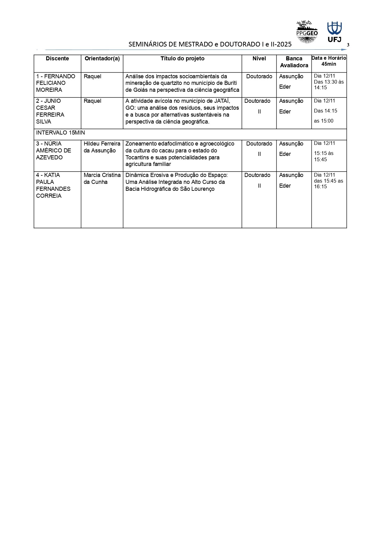 Cronograma do seminário 2025 - 3