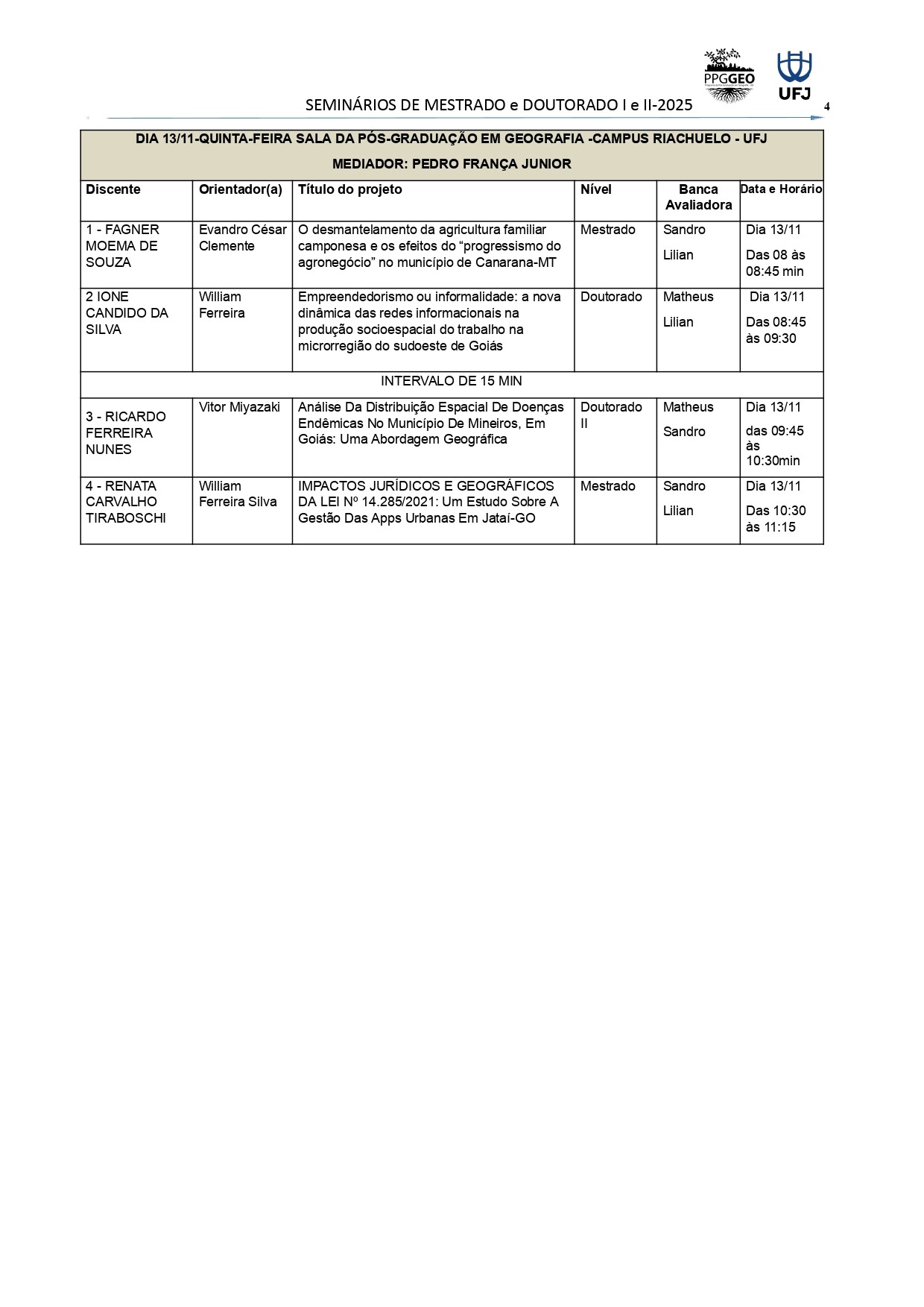Cronograma do seminário 2025 - 4