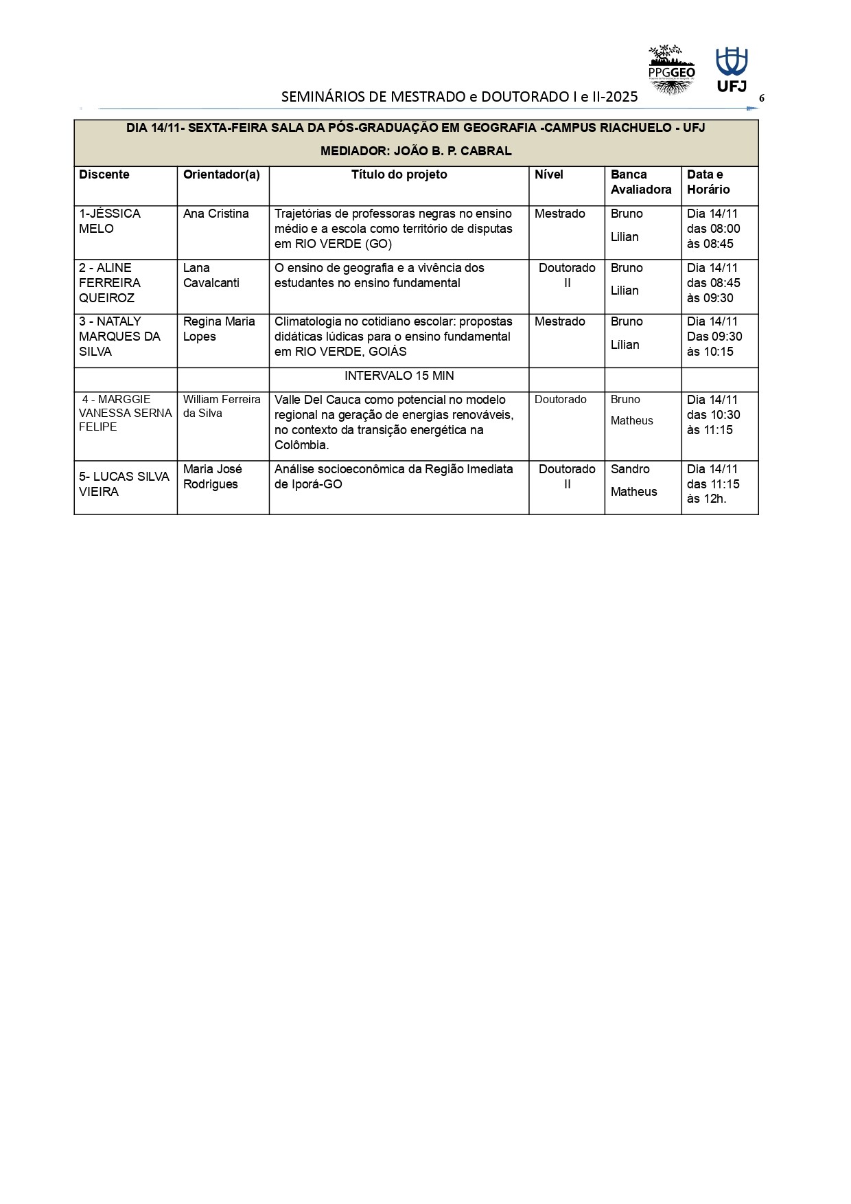 Cronograma do seminário 2025 - 6