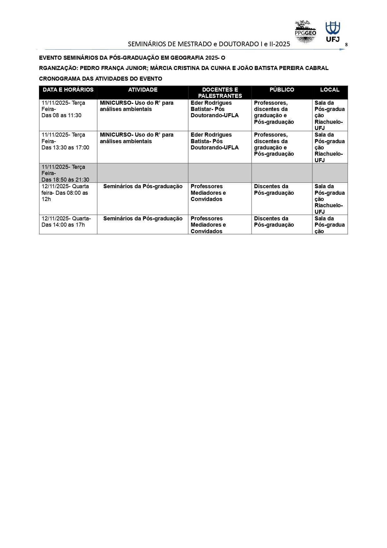 Cronograma do seminário 2025 - 8