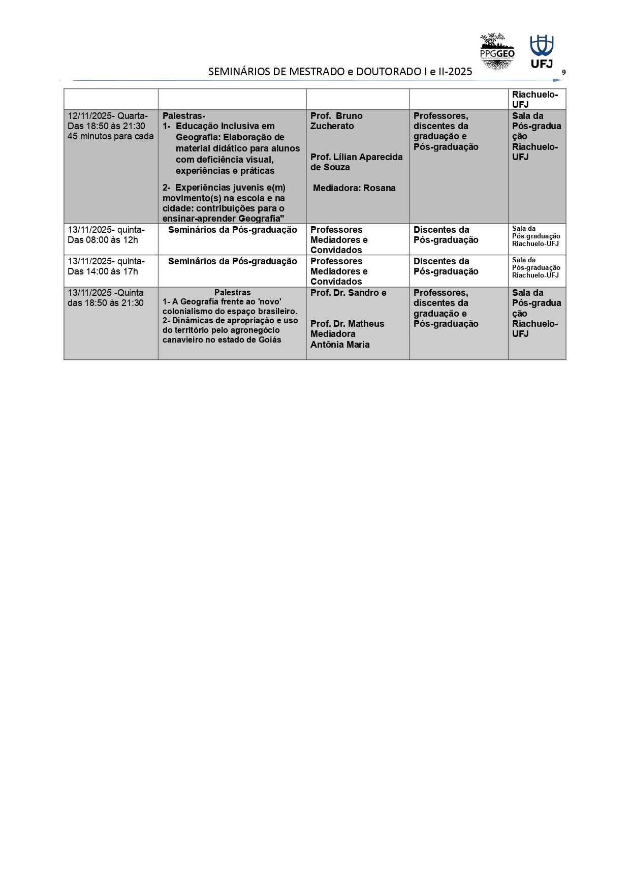 Cronograma do seminário 2025 - 9