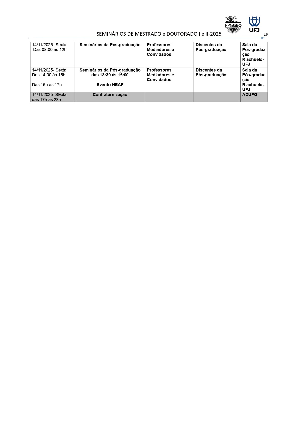Cronograma do seminário 2025 - 10