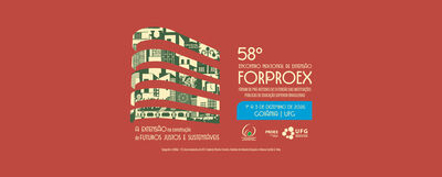 Banner do 58º Encontro Nacional de Extensão (FORPROEX), com fundo predominantemente vermelho-terra. No centro-esquerdo, há uma composição gráfica vertical formada por faixas curvas vermelhas que atravessam uma ilustração em tons de verde e bege, composta por elementos arquitetônicos, culturais e urbanos. Ao lado da ilustração, aparece a frase “A EXTENSÃO na construção de FUTUROS JUSTOS E SUSTENTÁVEIS”. Na parte direita do banner, em destaque, estão as informações do evento: “58º Encontro Nacional de Extensão FORPROEX – Fórum de Pró-Reitores de Extensão das Instituições Públicas de Educação Superior Brasileiras”. Abaixo, em uma faixa azul, consta o período e local: “1º a 3 de dezembro de 2026 – Goiânia | UFG”. Na parte inferior direita estão os logotipos da organização do evento, incluindo a PROEX e a Universidade Federal de Goiás (UFG). O banner utiliza uma paleta de vermelho, bege, verde e azul, com composição gráfica que remete à identidade cultural e arquitetônica de Goiânia e à atuação da extensão universitária.