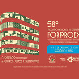 Banner do 58º Encontro Nacional de Extensão (FORPROEX), com fundo predominantemente vermelho-terra. No centro-esquerdo, há uma composição gráfica vertical formada por faixas curvas vermelhas que atravessam uma ilustração em tons de verde e bege, composta por elementos arquitetônicos, culturais e urbanos. Ao lado da ilustração, aparece a frase “A EXTENSÃO na construção de FUTUROS JUSTOS E SUSTENTÁVEIS”. Na parte direita do banner, em destaque, estão as informações do evento: “58º Encontro Nacional de Extensão FORPROEX – Fórum de Pró-Reitores de Extensão das Instituições Públicas de Educação Superior Brasileiras”. Abaixo, em uma faixa azul, consta o período e local: “1º a 3 de dezembro de 2026 – Goiânia | UFG”. Na parte inferior direita estão os logotipos da organização do evento, incluindo a PROEX e a Universidade Federal de Goiás (UFG). O banner utiliza uma paleta de vermelho, bege, verde e azul, com composição gráfica que remete à identidade cultural e arquitetônica de Goiânia e à atuação da extensão universitária.