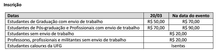 Tabela valores