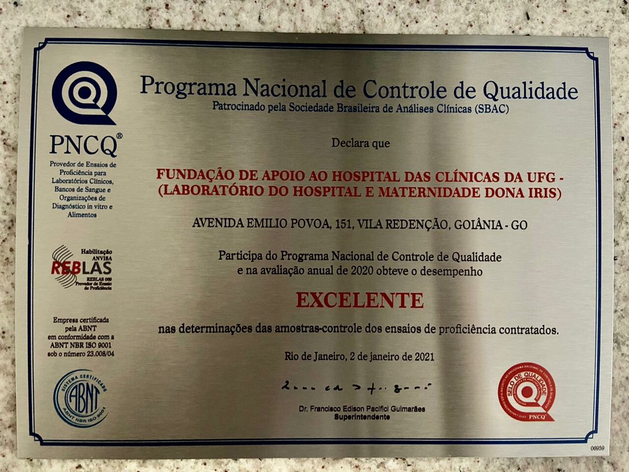 Laboratorio HMDI recebe titulo de excelente pelo PNCQ PLACA