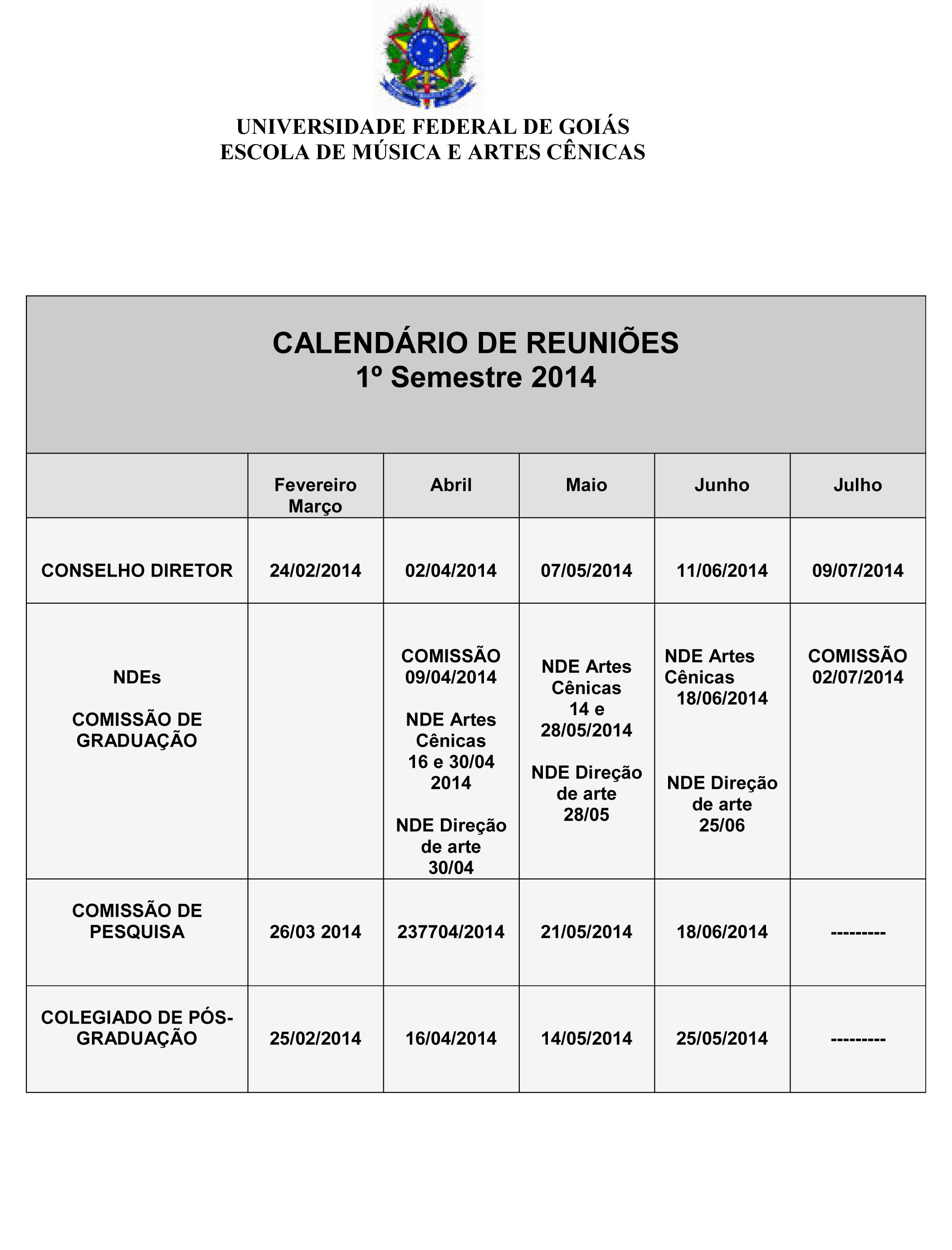 Calendário de Reuniões-Primeiro Semestre 2014