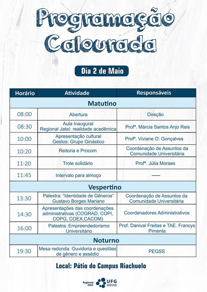 Programação calourada 2017 primeiro dia
