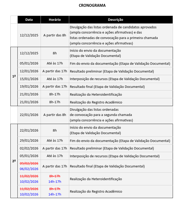 Cronograma atualizado do processo de seleção e matrícula (Edital nº 01/2026).