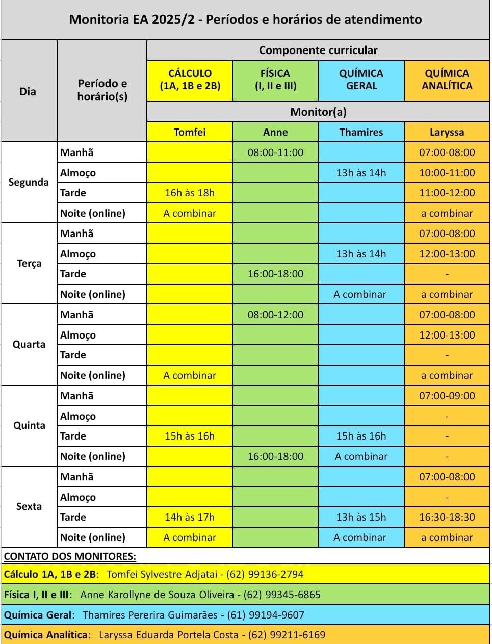 Horários de atendimento - Monitoria EA