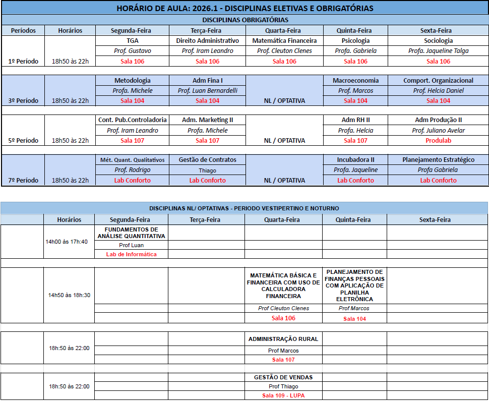 Horário de aula - 2026/1
