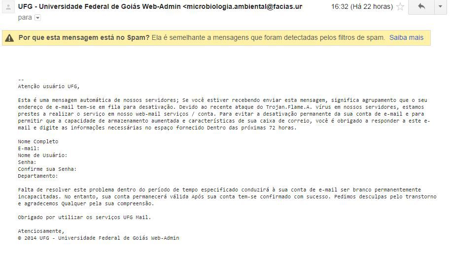 Email falso sendo enviado para @ufg.br