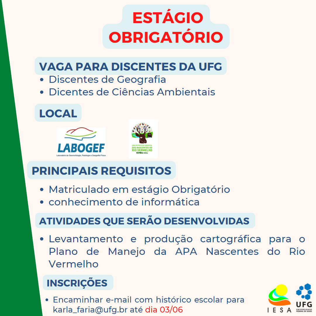 vagas para estágio 1 Geografia e ciências ambientais 2022