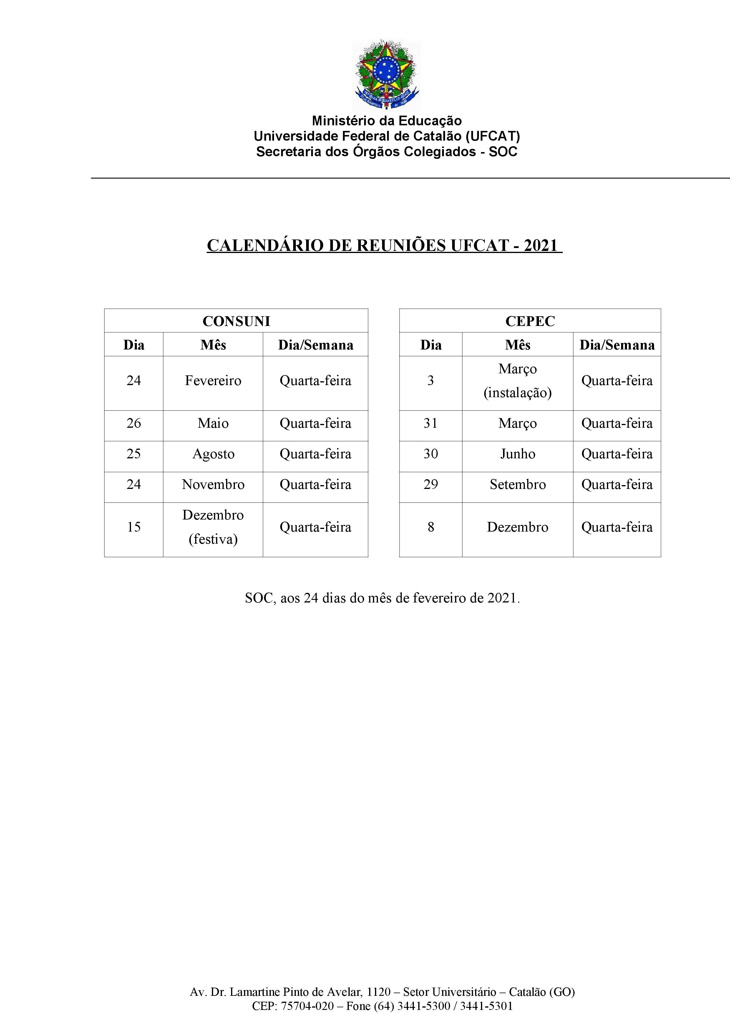 Calendário de Reuniões dos conselhos - 2021