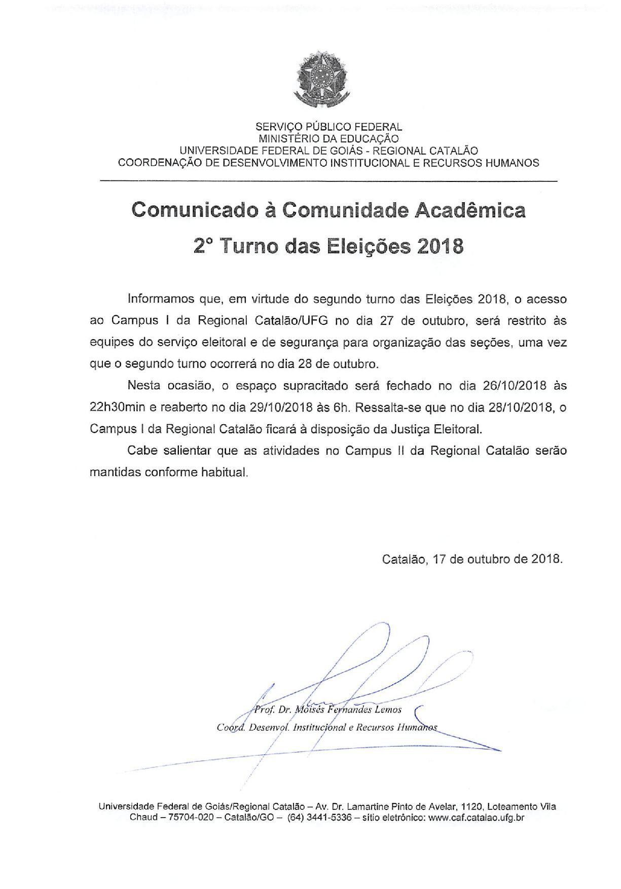 Comunicado - 2º turno das eleições