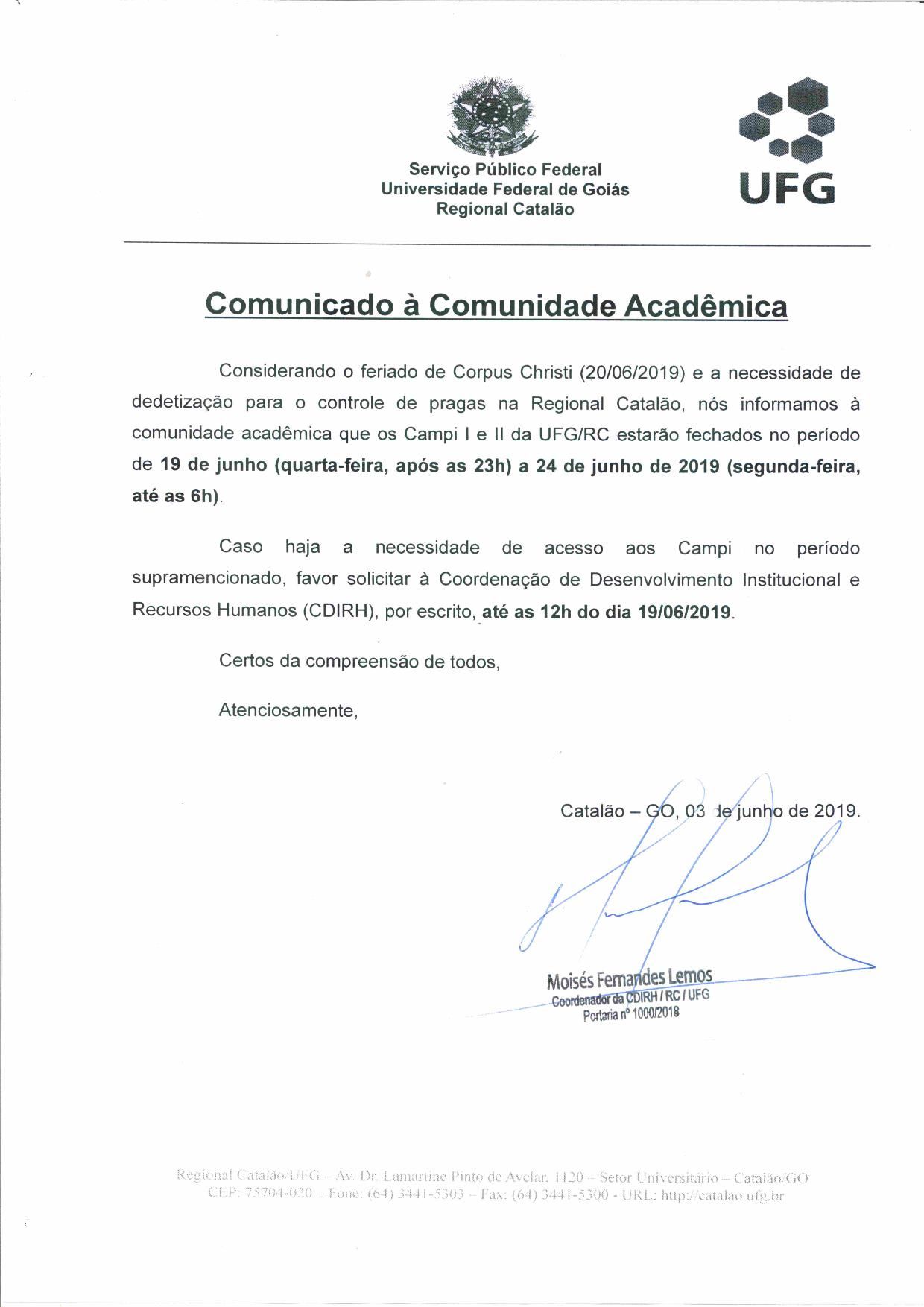 Comunicado 06 - Fechamento do Campus dia 20-06-2019