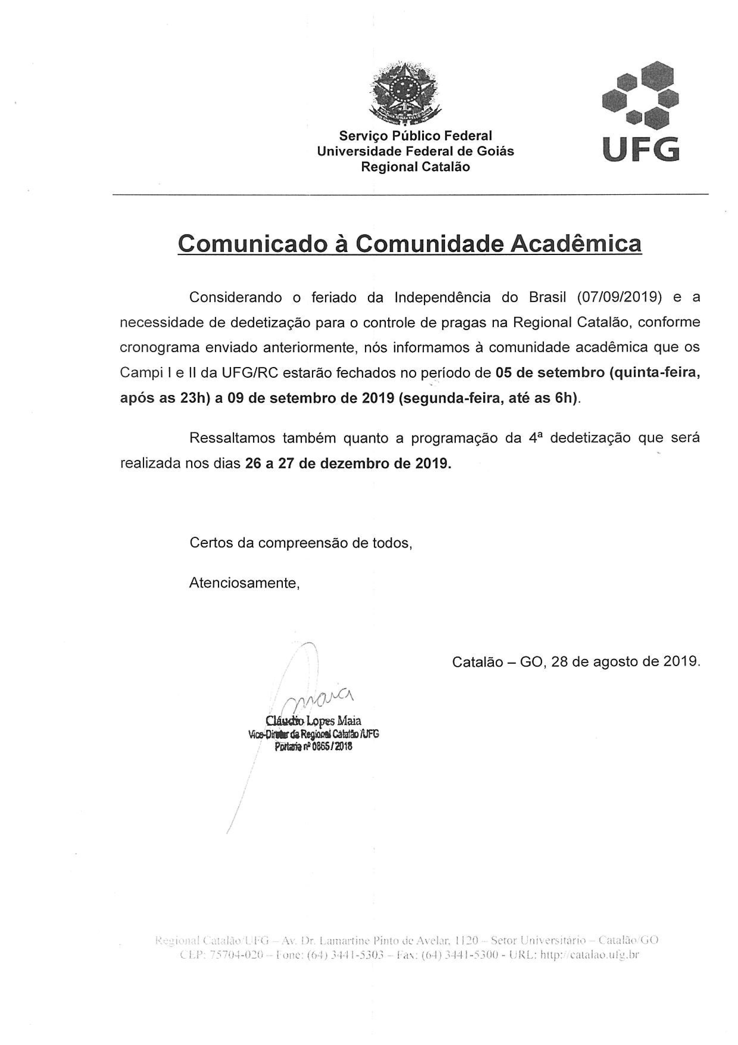Comunicado 09 - Fechamento do Campus dia 07-09-2019
