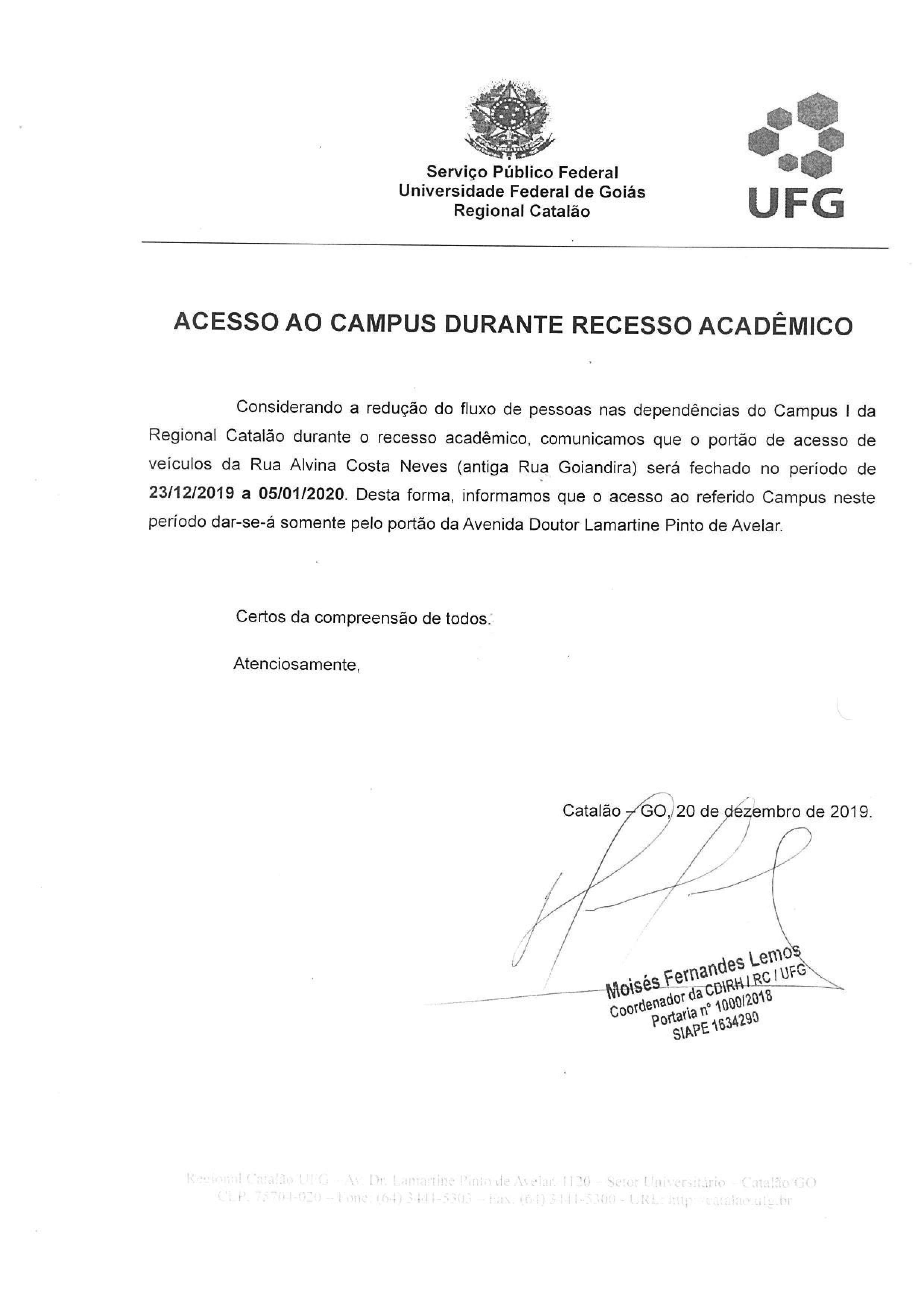 Comunicado 18 - Fechamento Portão no Recesso