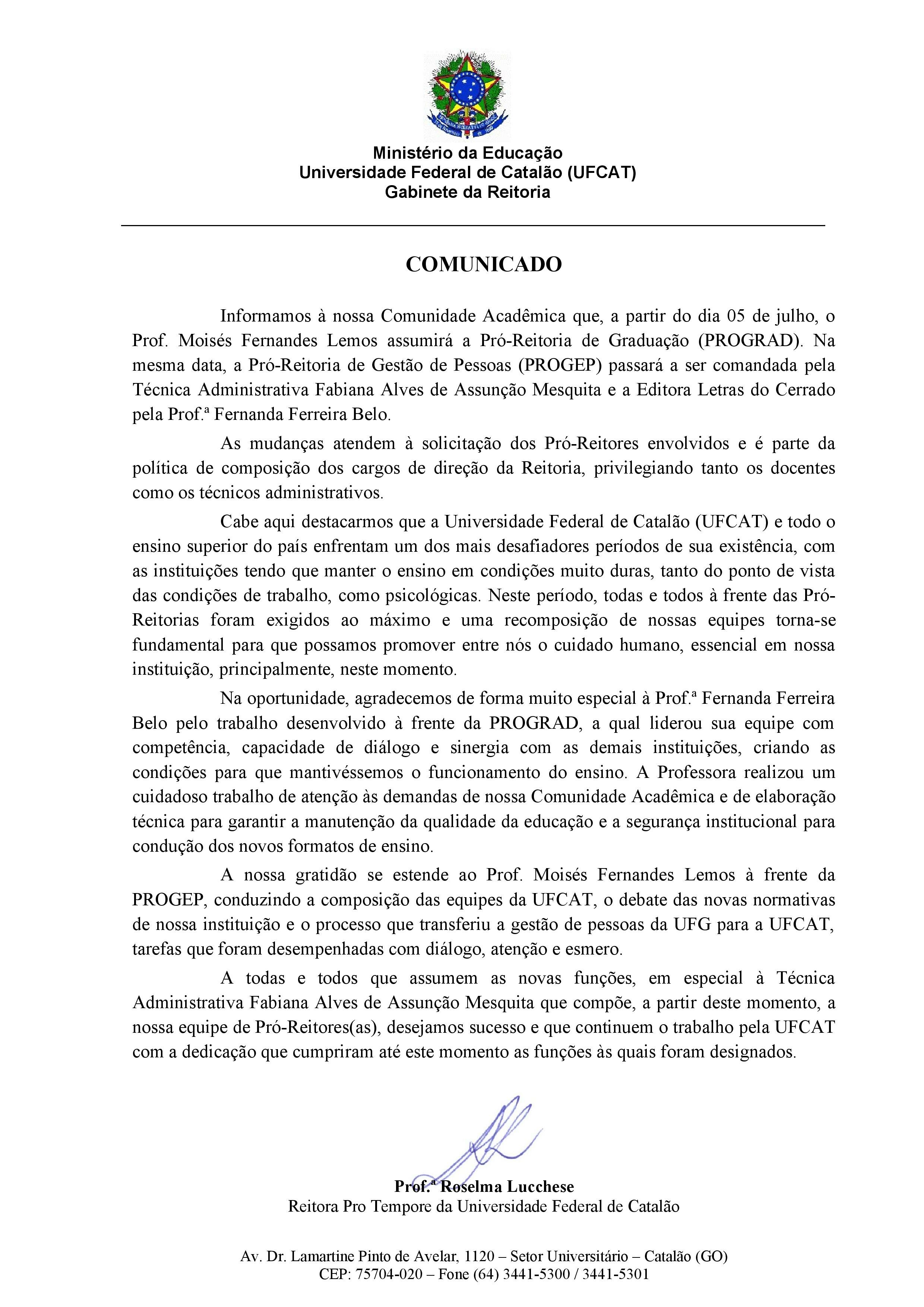 Reitoria comunica mudanças nas Pró-reitorias de Graduação e de Gestão de Pessoas