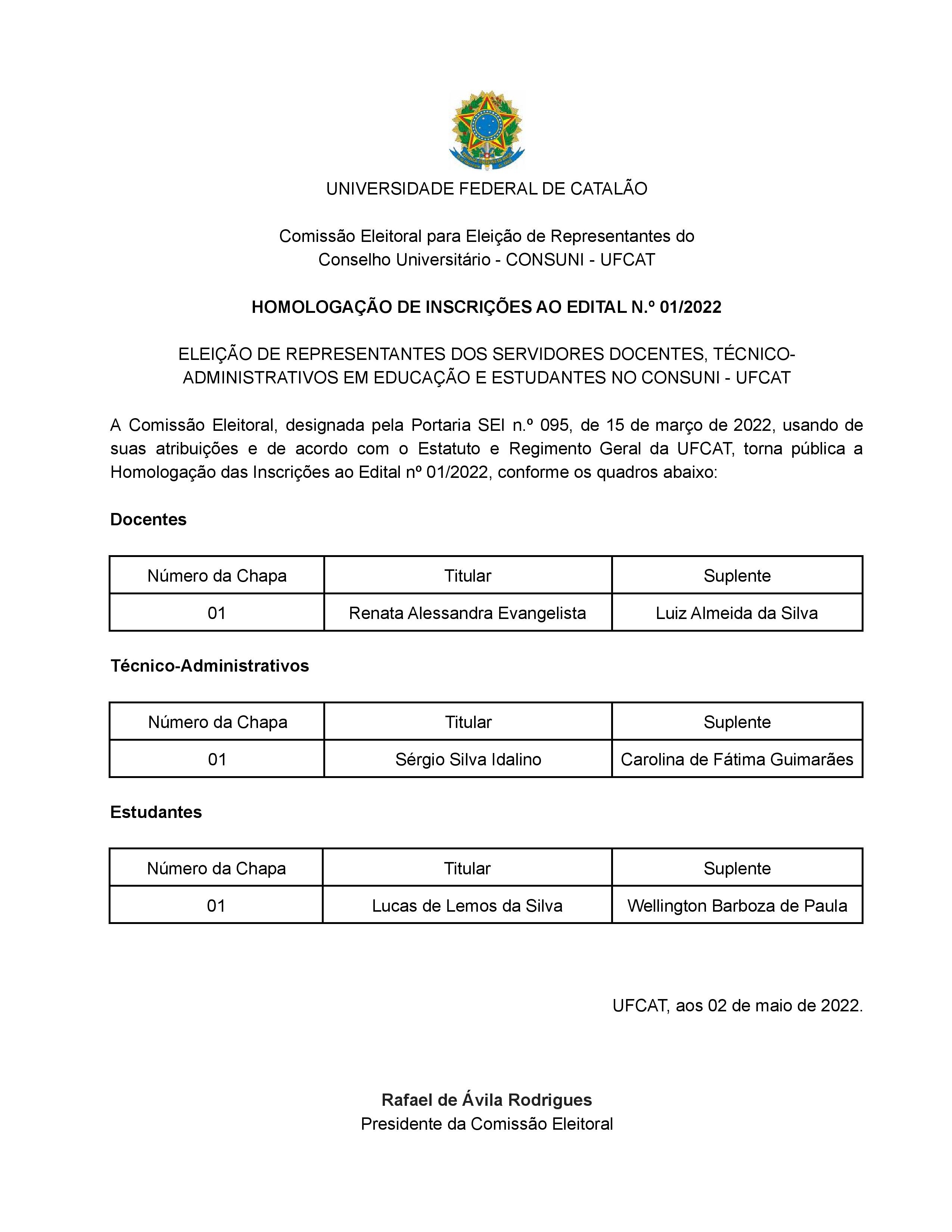 Edital - Processo Eleitoral para escolha de Representantes no CONSUNI - Homologação de inscrições