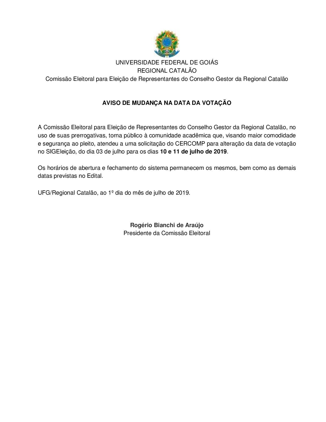 Edital COGESTOR Regional Catalão 2019 - Aviso 1
