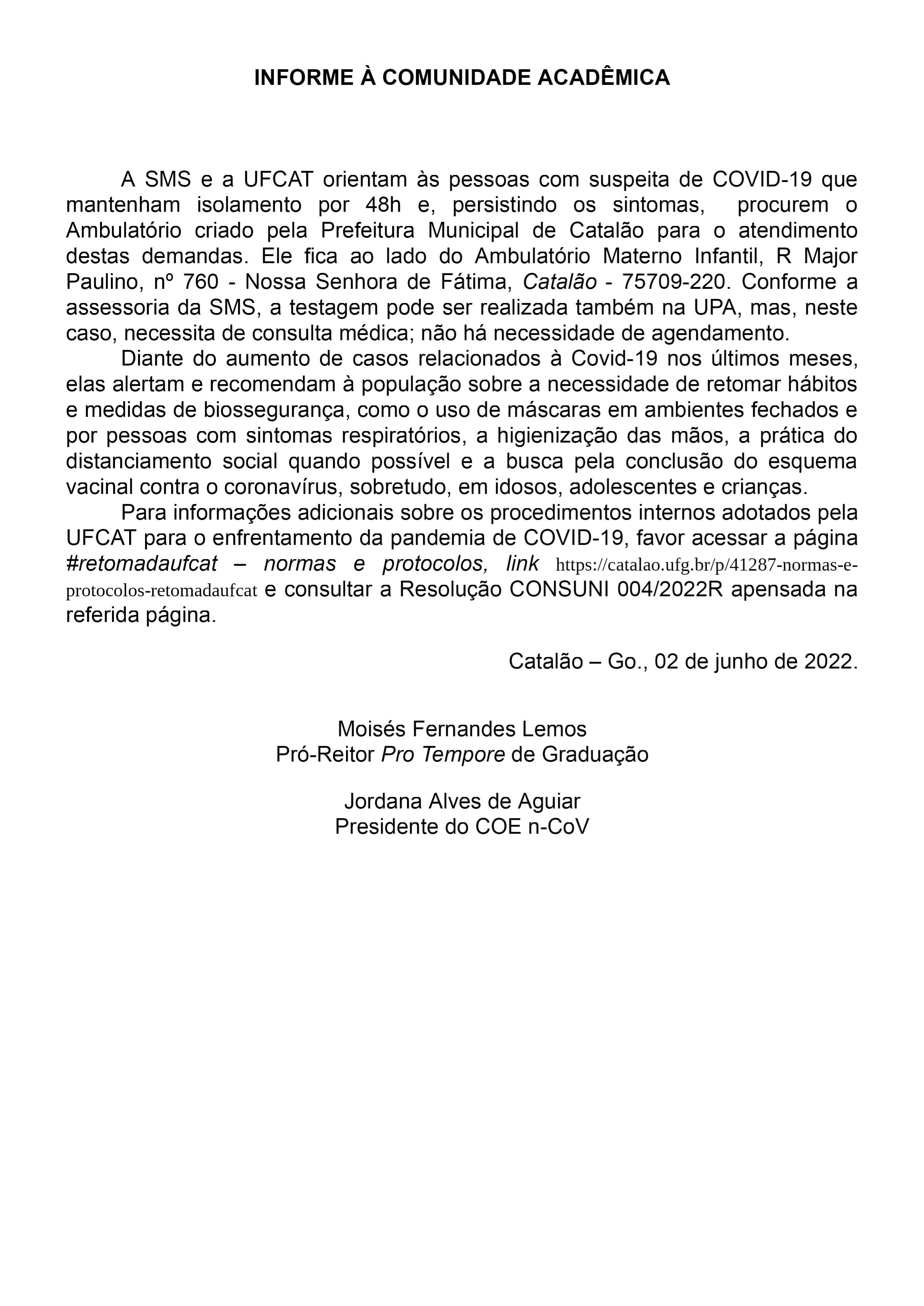 Informe à comunidade acadêmica - casos suspeitos de covid-19