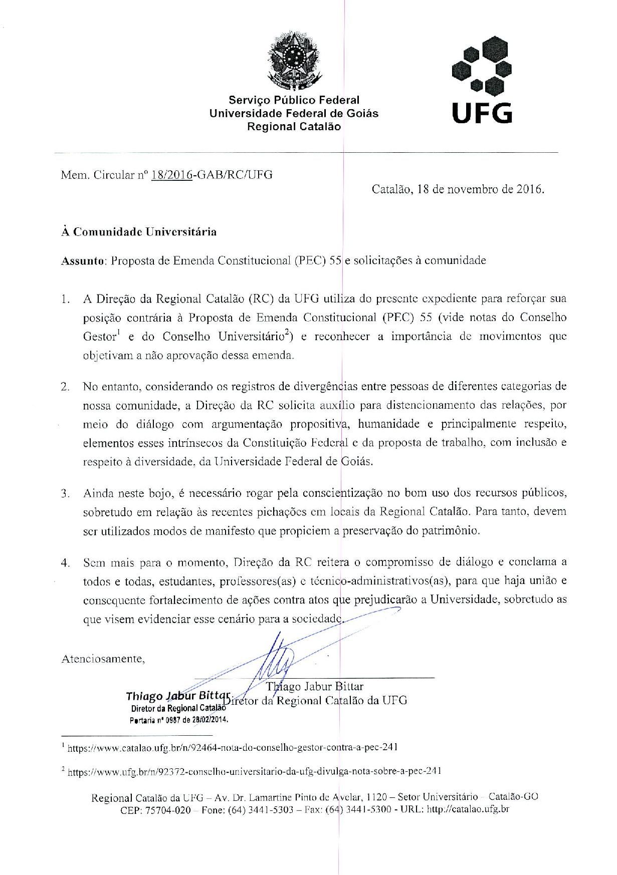 Mem. Circ. nº 018-2016-GAB-RC-UFG 