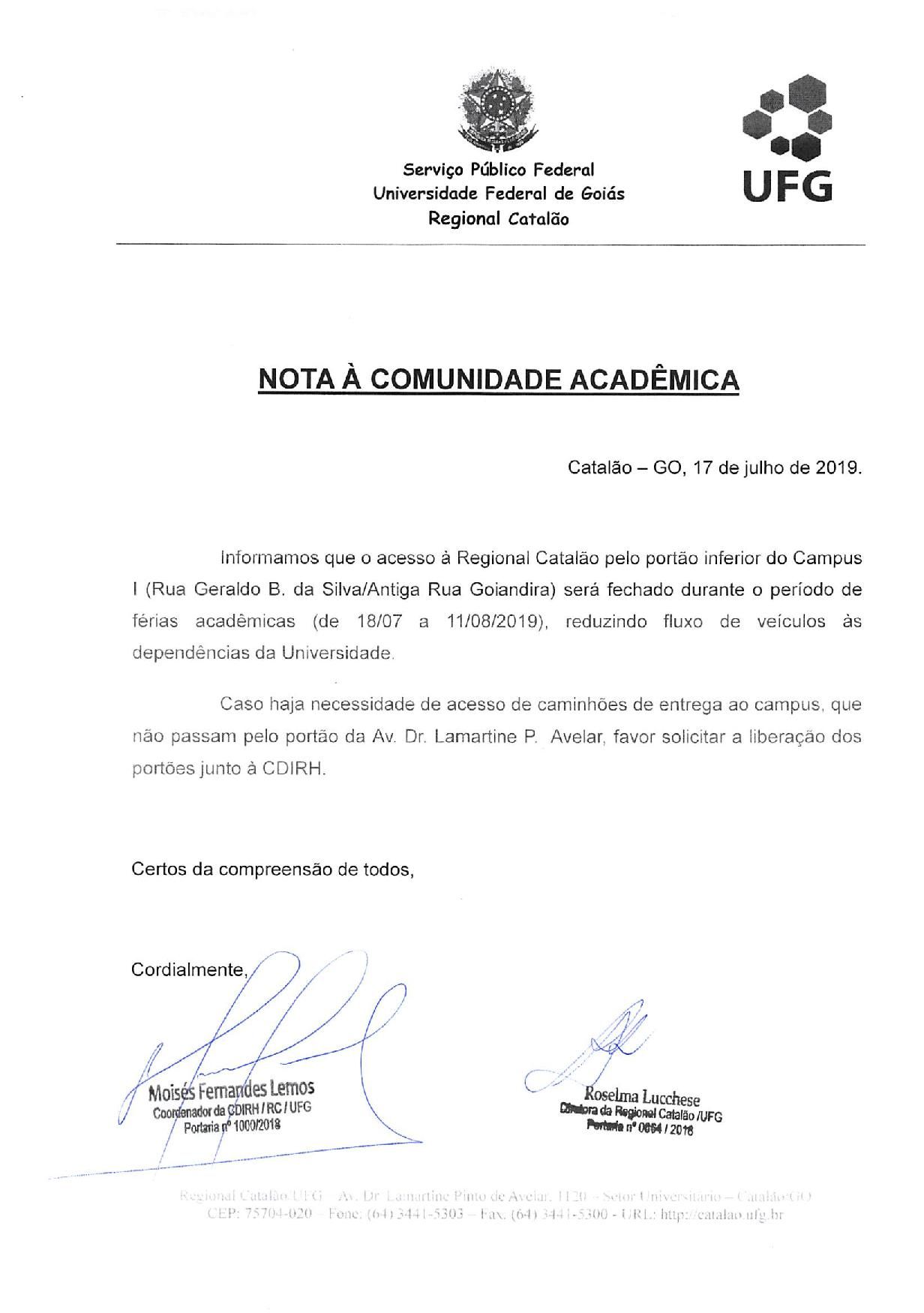 Nota à Comunidade Acadêmica1