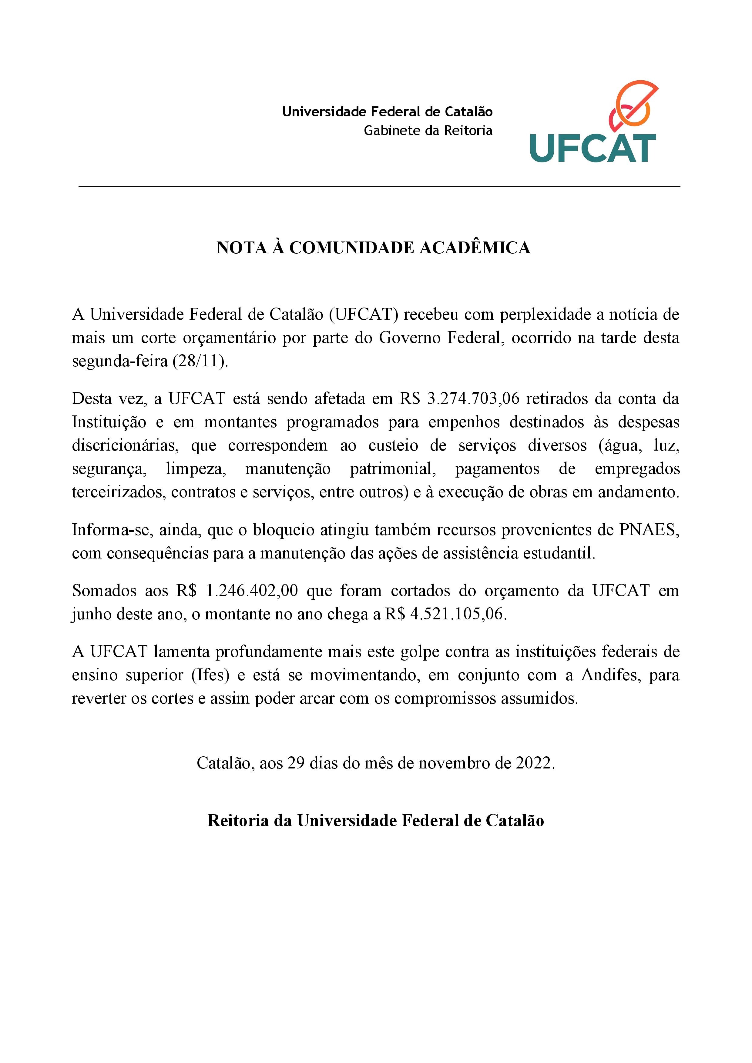 UFCAT emite nota à comunidade acadêmica diante de novos cortes orçamentários por parte do Governo Federal