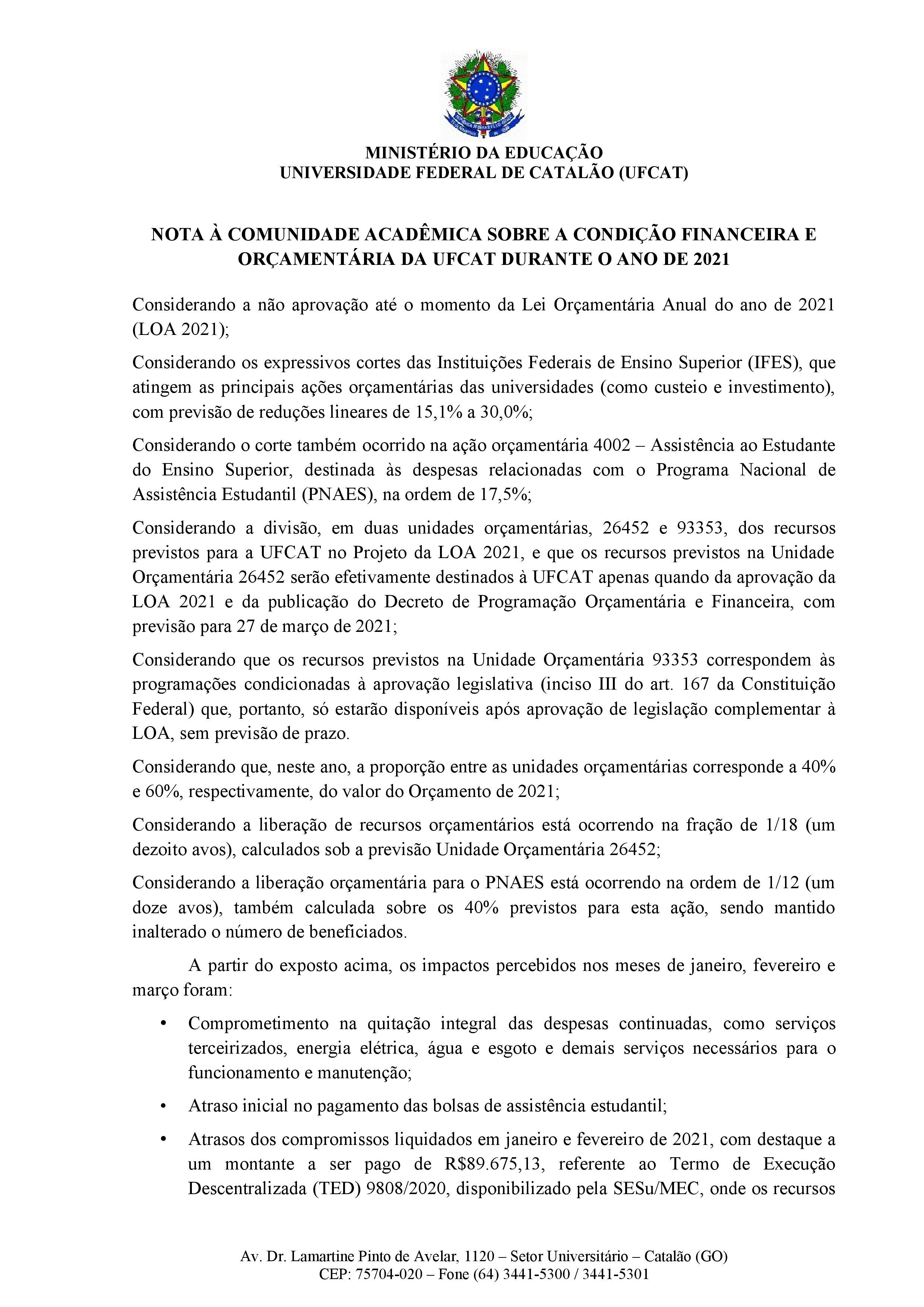 Nota a comunidade - Orçamento 2021 UFCAT