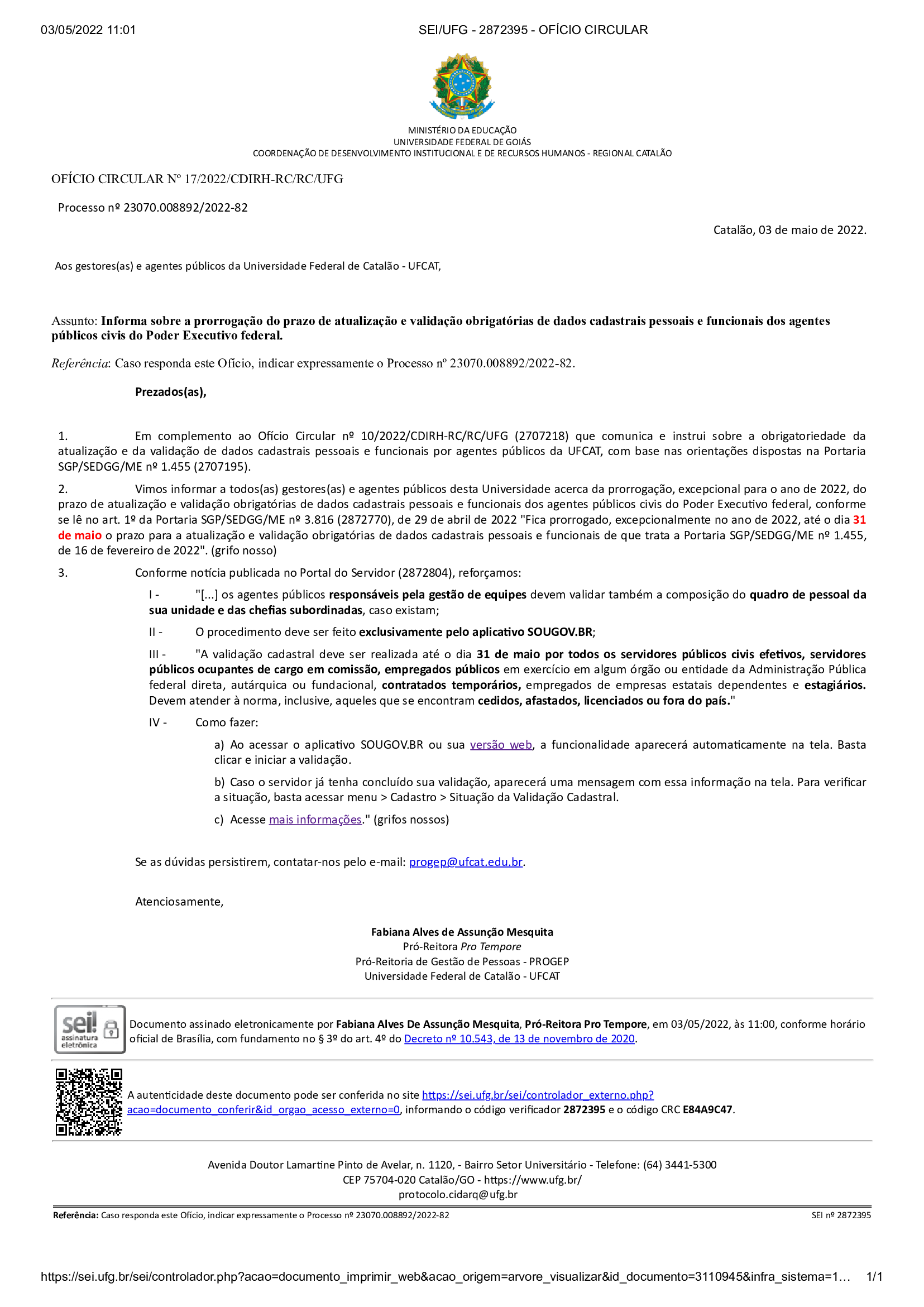 Prorrogado o prazo para atualização e validação de dados cadastrais por agentes públicos da UFCAT