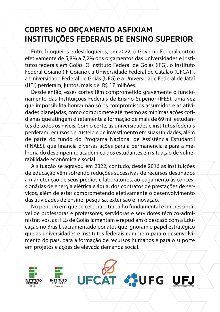 Nota sobre os cortes no orçamento das IFES de Goiás