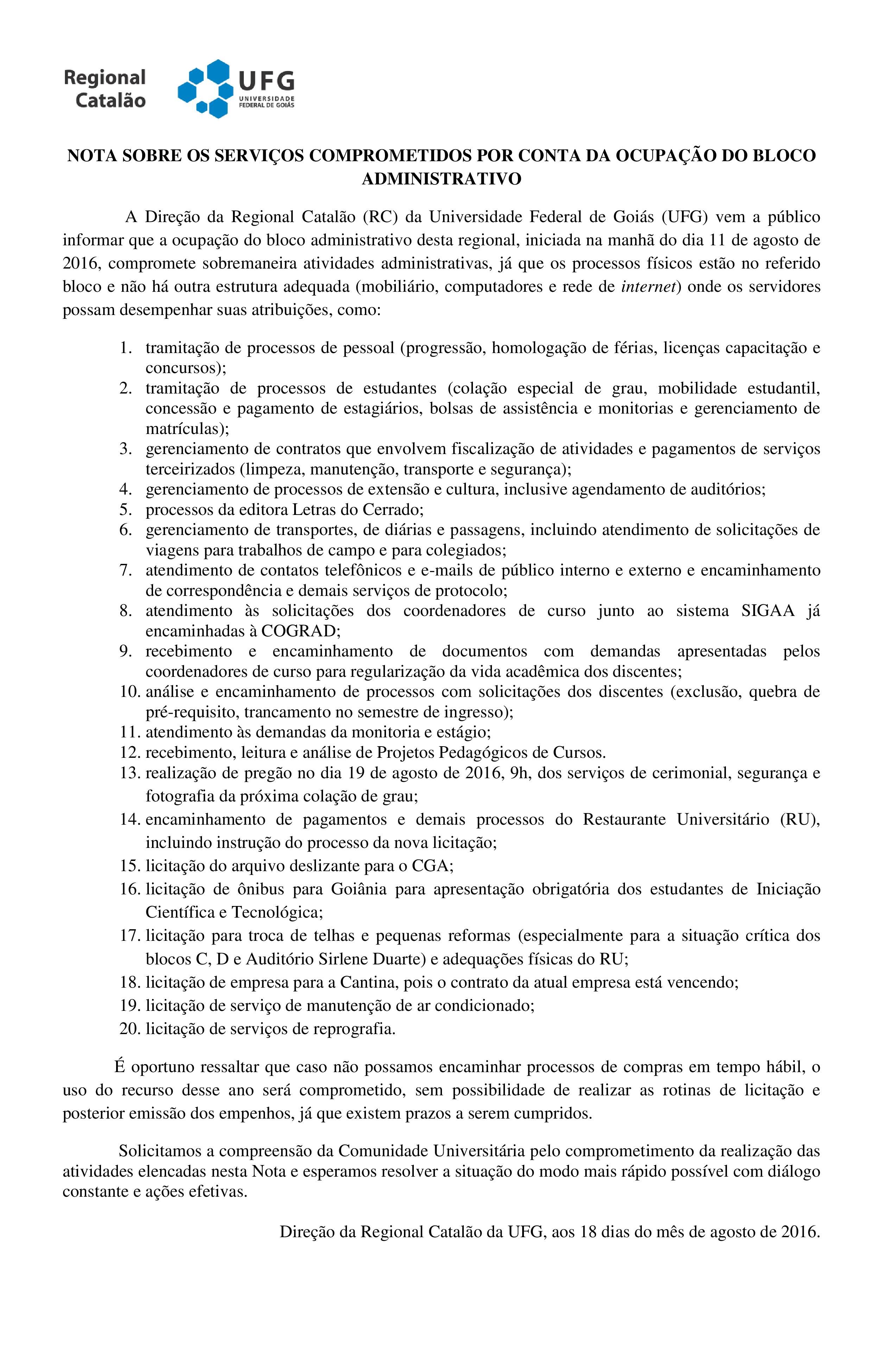 Nota ocupação serviços prejudicados