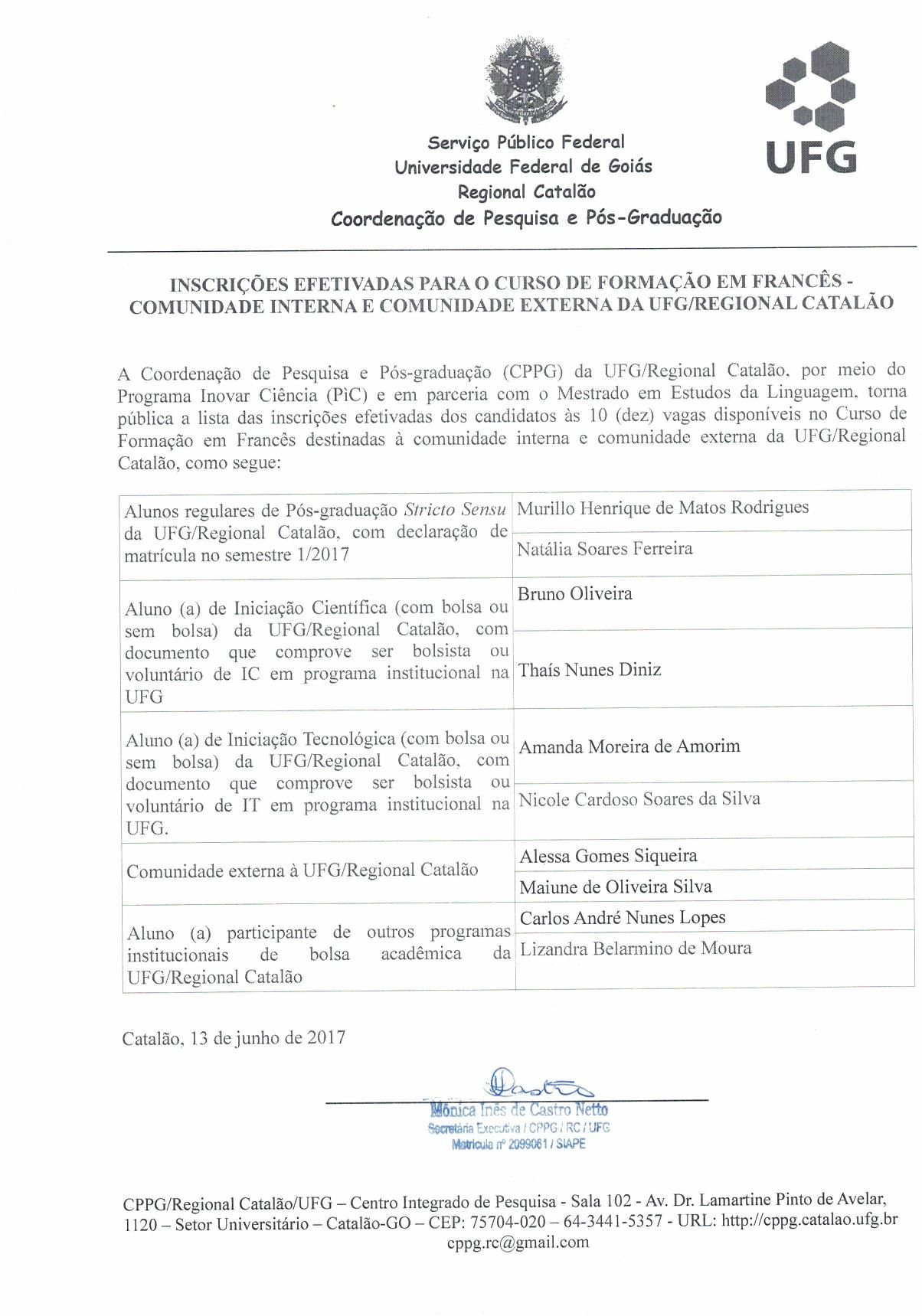 resultado inscrições curso de formação em francês