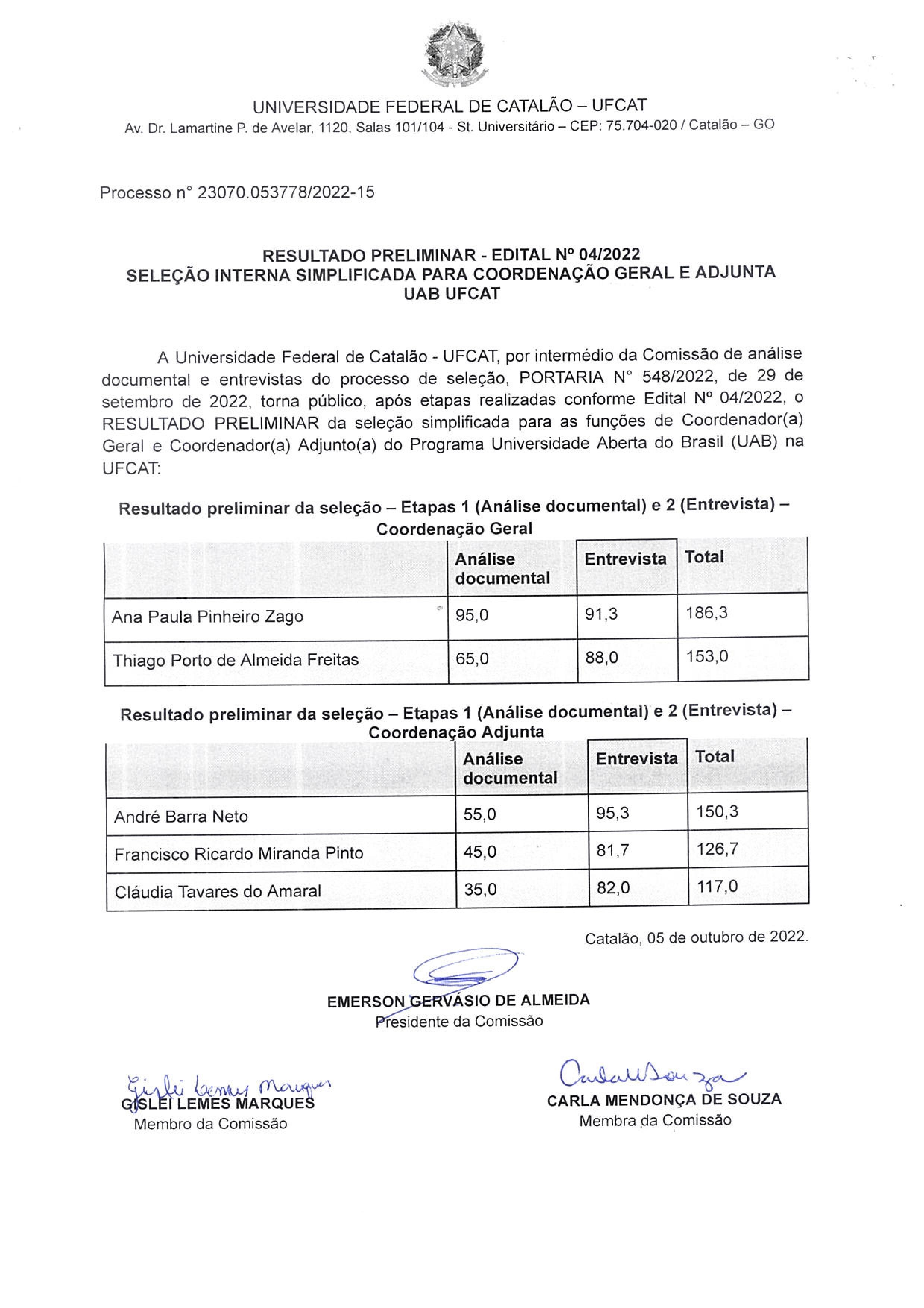 Resultado Preliminar - Edital 04/2022 - Coordenação Geral e Coordenação Adjunta do Programa Universidade Aberta do Brasil (UAB) na UFCAT