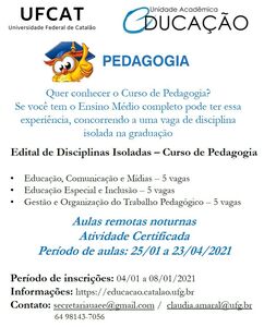 divulgacao disciplina isolada curso pedagogia 2020 1