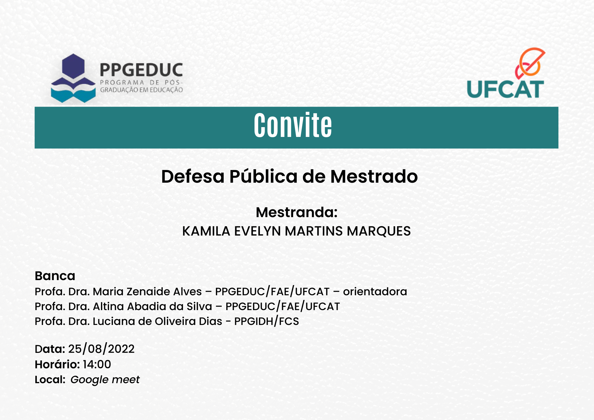 Convite de Defesa de Dissertação Kamila Evelyn Martins Marques