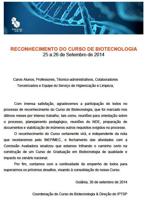 Reconhecimento do curso de biotecnologia